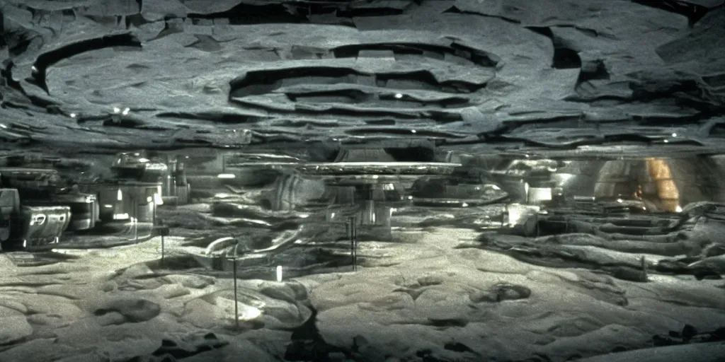 Image similar to sci - fi corporate headquarters near a mining cave on a mining planet, dark and beige atmosphere, 1 9 8 0 s science fiction film screenshot, film still, dark science fiction, ridley scott,