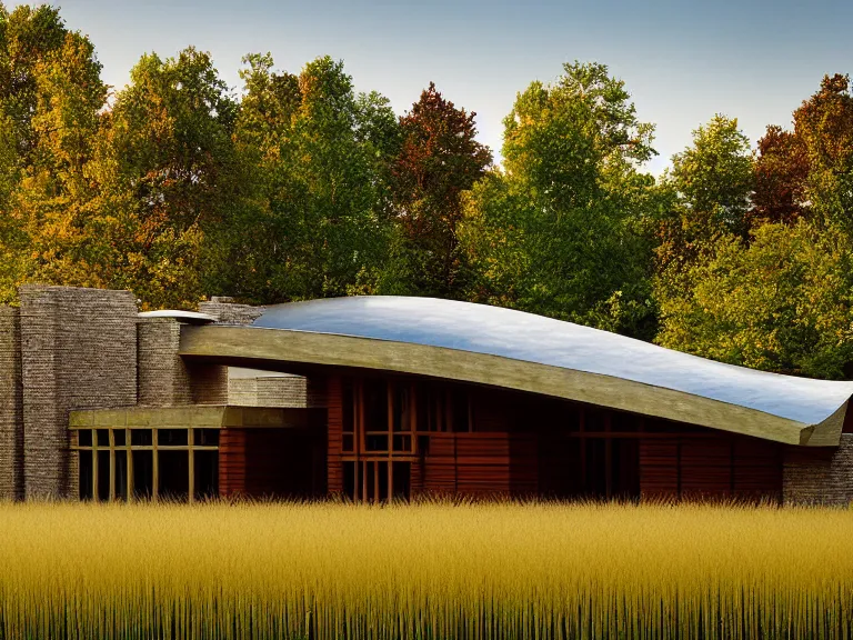 Image similar to hyperrealism design by frank lloyd wright photography of beautiful detailed eco house around the forest in small ukrainian village by taras shevchenko and wes anderson and caravaggio, wheat field behind the house