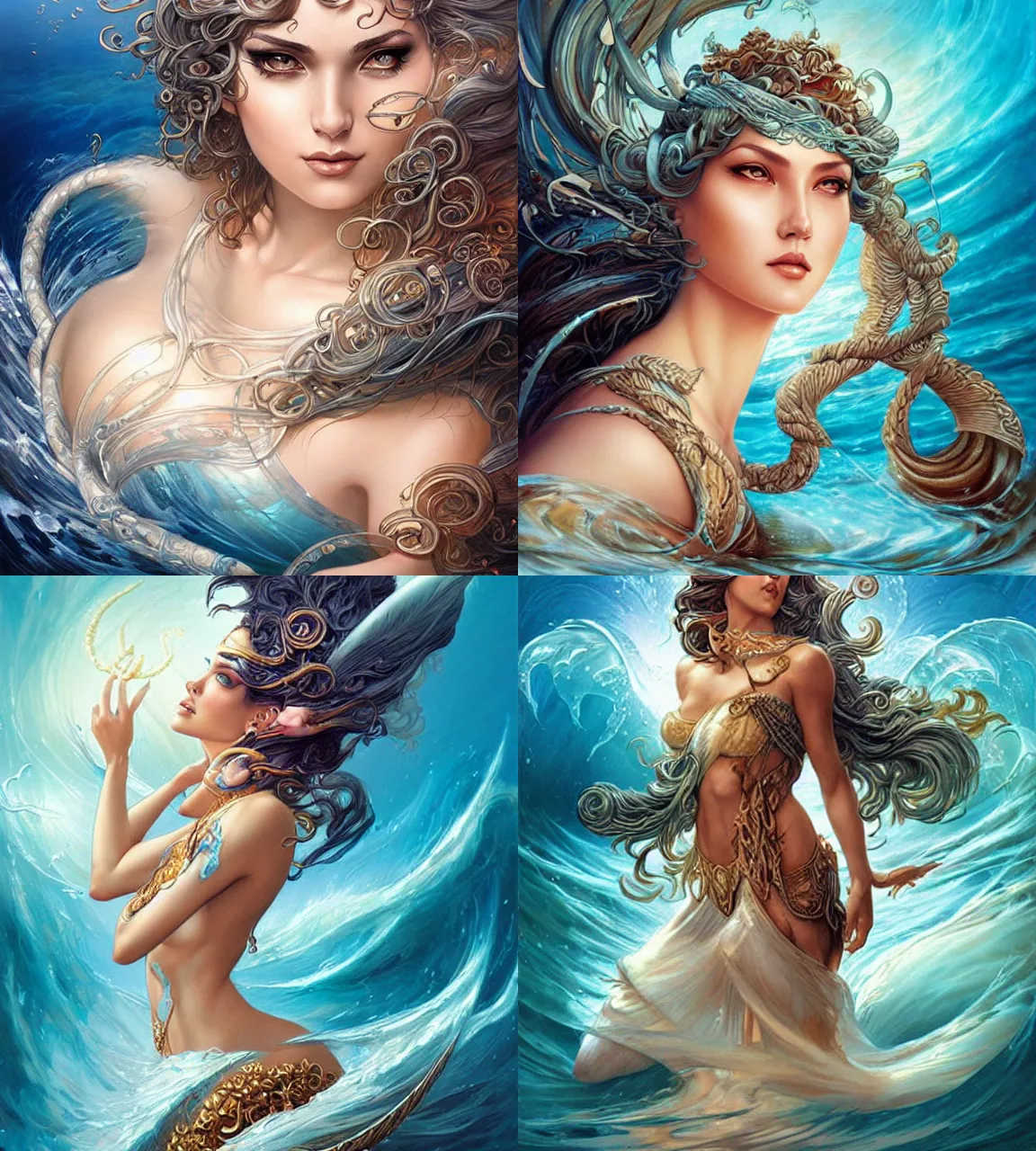 Prompt: goddess of the sea, drawn by artgerm, digital artwork by karol bak and rhads