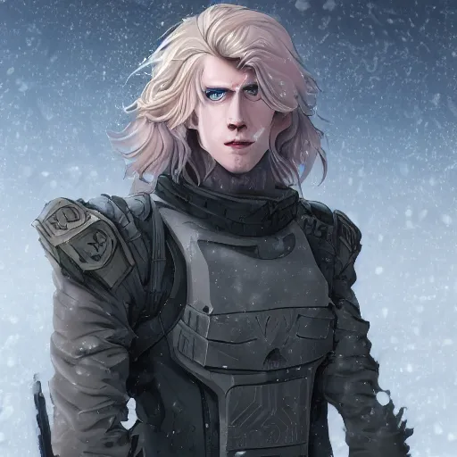 Image similar to portrait of the pale blond MALE soldier Lucius, long curly blond hair, jagged black cyberpunk armor, he is in imperial russian city streets covered in snow, sci fi, night time, ambient lighting, 4k, anime key visual, lois van baarle, ilya kuvshinov, rossdraws, artstation