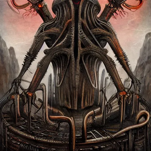 Prompt: Moloch, whose mind is pure machinery, eerie, sinister, horror, illustrated by Anne Stokes and H R Giger and Adrian Borda, super detailed, 4k, 8k