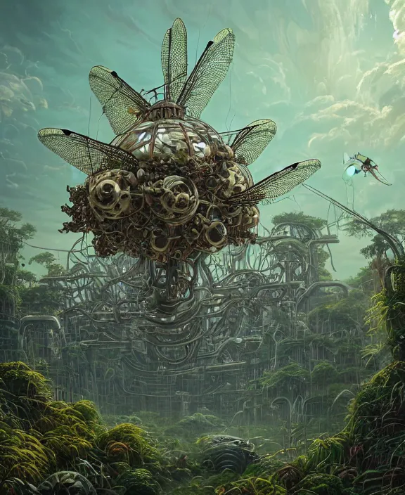 Image similar to a giant weird industrial plant made out of isopod dragonflies, in the style of a strange asymmetrical spaceship, overgrown with disturbing orchids, godbeams, partly cloudy, somber, dramatic lighting, by dan mumford, yusuke murata, makoto shinkai, ross tran, cinematic, unreal engine, cel shaded, featured on artstation, pixiv