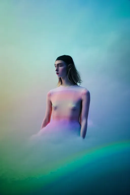 Image similar to high quality pastel coloured film close up wide angle photograph of a model wearing clothing swimming on cloud furniture in a icelandic black rock!! environment in a partially haze filled dreamstate world. three point light, rainbow. photographic production. art directed. pastel colours. volumetric clouds. pastel gradient overlay. waves glitch artefacts. extreme facial clarity. 8 k. filmic.