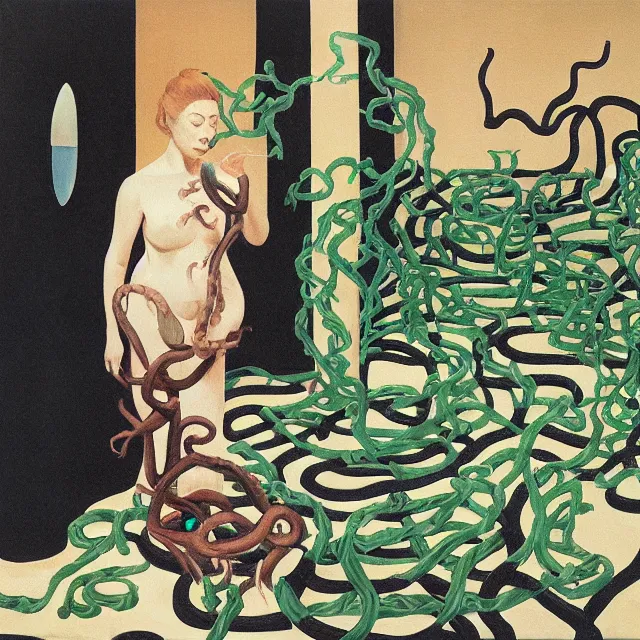 Prompt: a female pathology student in her apartment, wrapped in vines, medical equipment, stepping stones, octopus, pig, black walls, ikebana, black armchair, sculpture, acrylic on canvas, surrealist, by magritte and monet