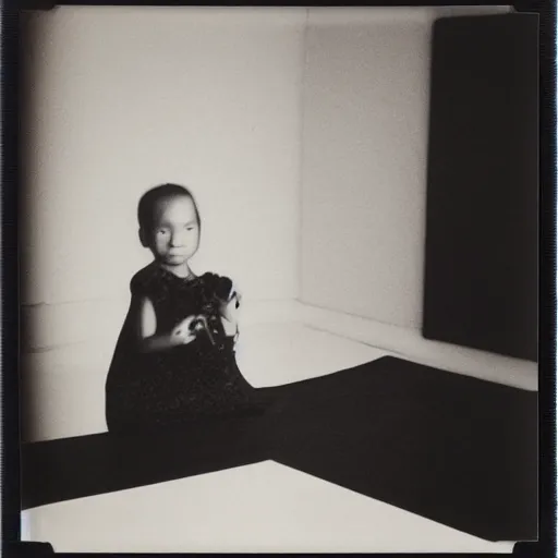 Image similar to a baby girl sitting in a living room designed by yohji yamamoto, polaroid