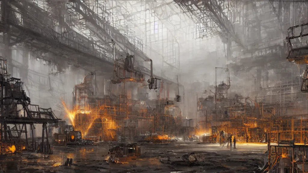 Image similar to interior of heavy steel foundry with cranes and engineers working on molten steel, papyrus, watercolored, jakub rozalski, bright colours, dieselpunk, concept art, trending on artstation