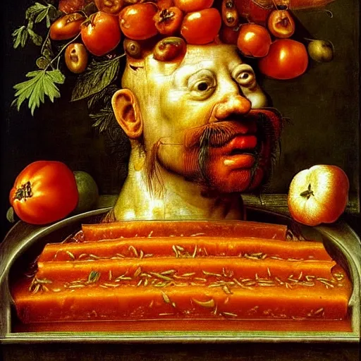 Image similar to a chef sitting in a bathtub full of tomato sauce, dinner is served, by giuseppe arcimboldo and ambrosius benson, renaissance, fruit, intricate and intense oil paint, realistic