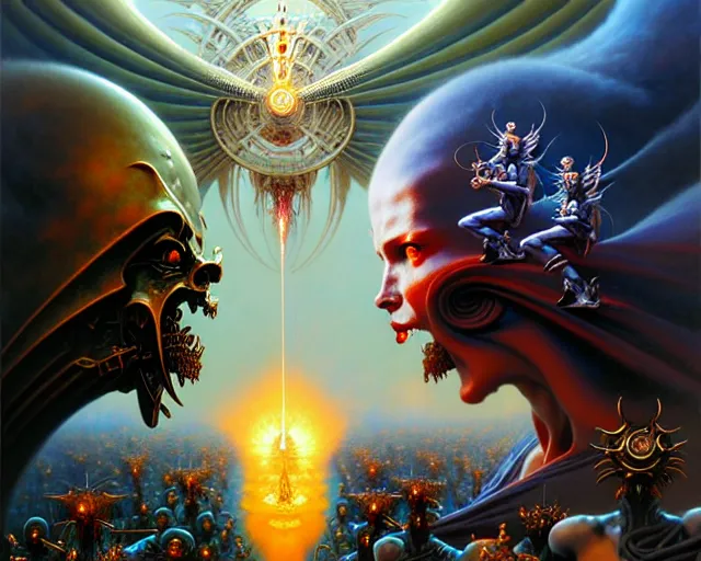 Image similar to the armies of heaven and hell, fantasy character portrait made of fractals facing each other, ultra realistic, wide angle, intricate details, the fifth element artifacts, highly detailed by peter mohrbacher, hajime sorayama, wayne barlowe, boris vallejo, aaron horkey, gaston bussiere, craig mullins