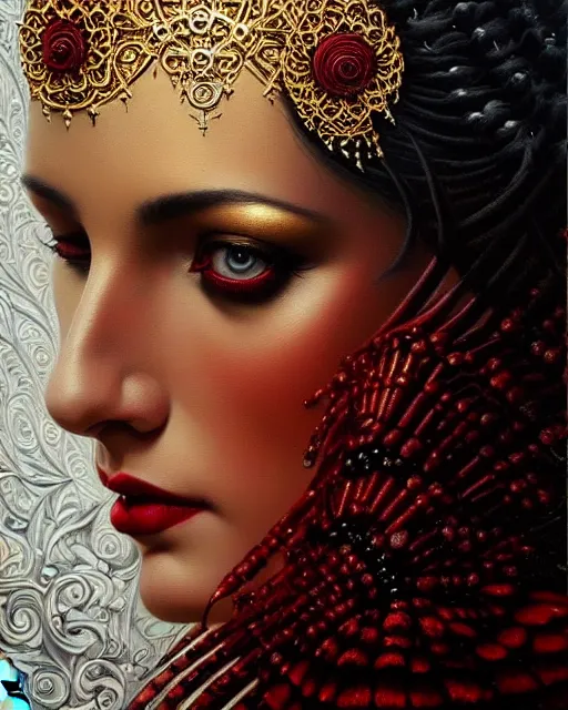 Image similar to portrait of a beautiful goddess, enigmatic beauty, dominant shades of black, gold silver, dark red, white, head in focus, ornamental aesthetics, intricate, elegant, highly detailed, hyperrealistiic painting, artstation, concept art, painterly, sharp focus, illustration, art by karol bak