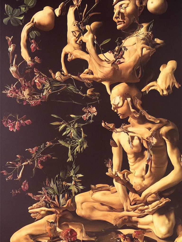 Image similar to hyperrealistic still life painting of a serene dmt goddess meditating, spirits coming out of his mind, by Caravaggio, botanical print, surrealism