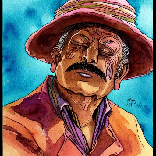 Prompt: a 3 / 4 view watercolor ink painting of an man sits and upper him old mexican magician closes his eyes, in the style of jean giraud in the style of moebius trending on artstation deviantart pinterest detailed realistic hd 8 k high resolution