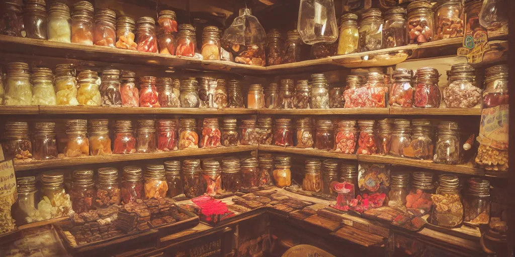 Image similar to Inside an old fashioned sweet shop, large jars on shelves, beautiful labels, fantasy vendor interior, wide angle, cinematic, highly detailed, photorealistic, rich bright colors, trending on artstation, trending on cgsociety