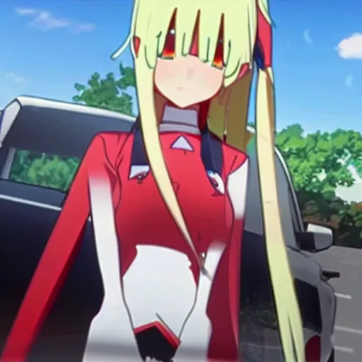 Prompt: zero two from darling in the franxx driving a dodge ram
