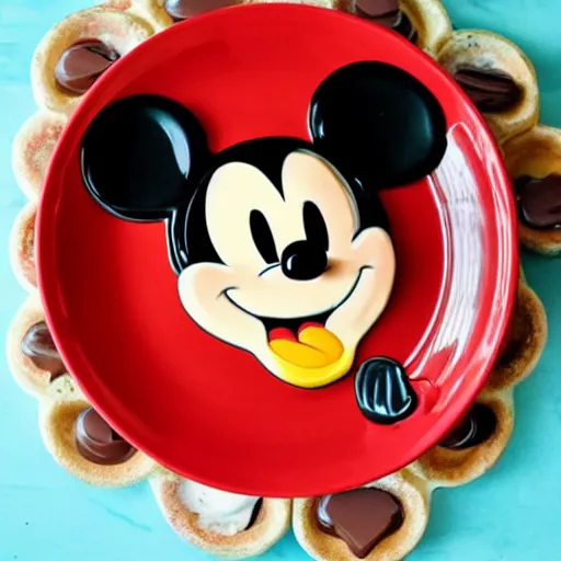 Prompt: funfetti Mickey Mouse waffles on a ceramic happy birthday plate drizzled with chocolate syrup and whipped cream on top.