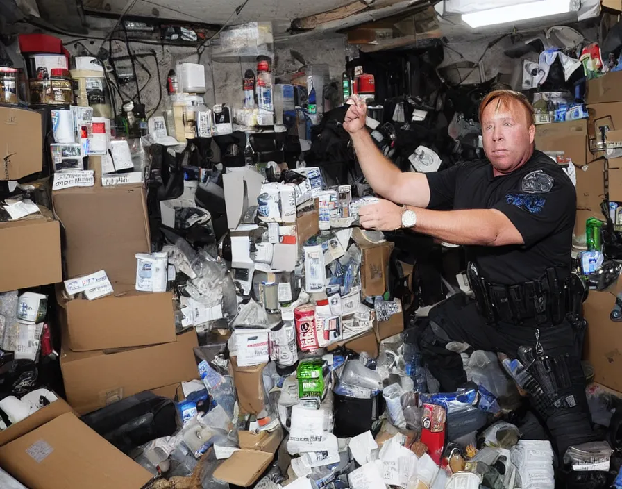 Prompt: Alex Jones in his garage office INFOWARS studio fighting a group of SWAT police, surrounded by boxes of herbal supplements and trash, tear gas and smoke, detailed photograph high quality