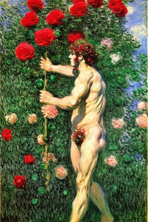 Prompt: the greek god hermes marched forward among the roses, monet, musha