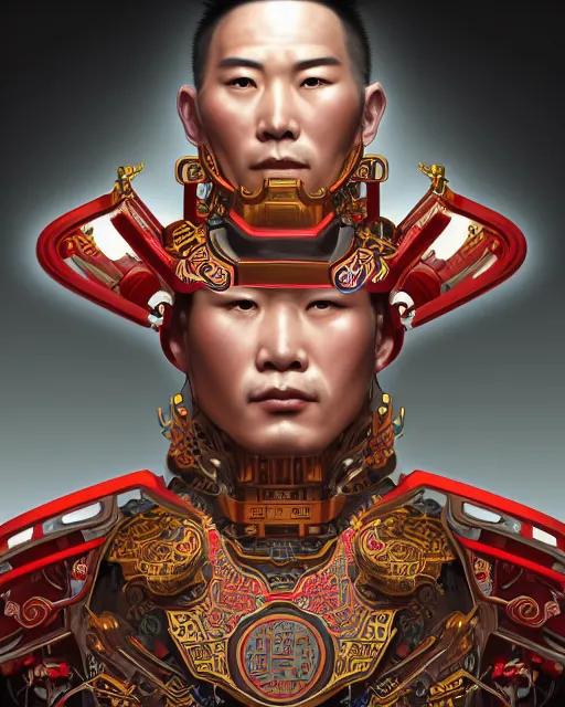 Image similar to portrait of a chinese masculine male cyberpunk machine, machine face, upper half portrait, decorated with chinese opera motifs, muscular, asian, fine china, wuxia, traditional chinese art intricate intense elegant 京 剧 highly detailed digital painting artstation concept art smooth sharp focus illustration, art by artgerm and greg rutkowski alphonse mucha 8 k