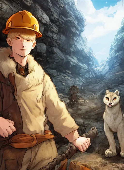 Image similar to fursona character portrait of a man with an albino mountain lion's head wearing miner's clothes at the mines. hidari, color page, tankoban, 4K, tone mapping, Akihiko Yoshida.