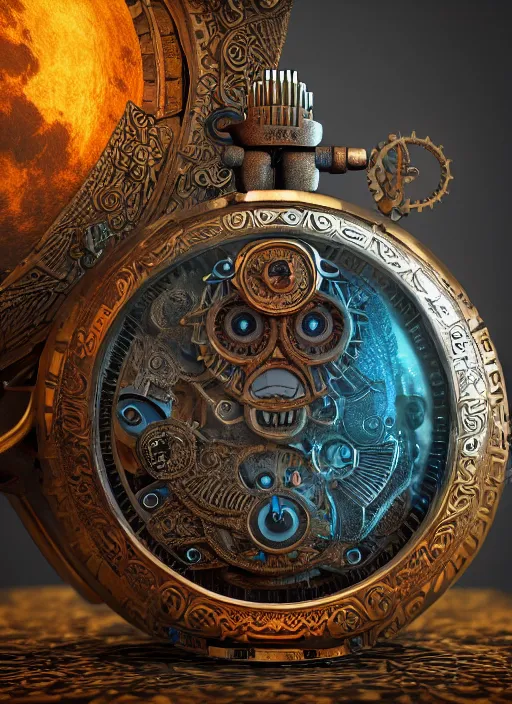 Image similar to steampunk aztec owl pocketwatch, intricate detail, volumetric lighting, epic composition, hyper detailed, ultra realistic, sharp focus, octane render, lava lamp, blue moon, volumetric, ray tracing, artstation trending, cgsociety, sense of awe, swirling mist, 4 k