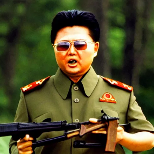 Image similar to Kim Jong-il in the role of Rambo, 35mm filmstill, cinemascope