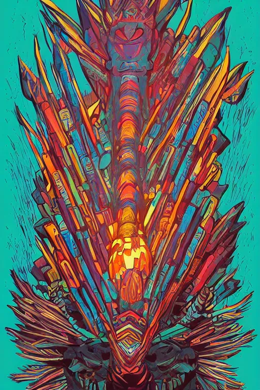 Image similar to totem animal tribal chaman vodoo mask feather gemstone plant wood rock video game illustration vivid color borderlands by josan gonzales and dan mumford radiating a glowing aura