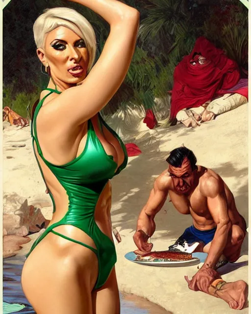 Image similar to Portrait of Jodie Marsh in a green & red bikini & a Spanish man in boxer shorts cooking sardines in Porto,real life skin, intricate, elegant, highly detailed, artstation, concept art, smooth, sharp focus, art by artgerm and greg rutkowski and alphonse mucha