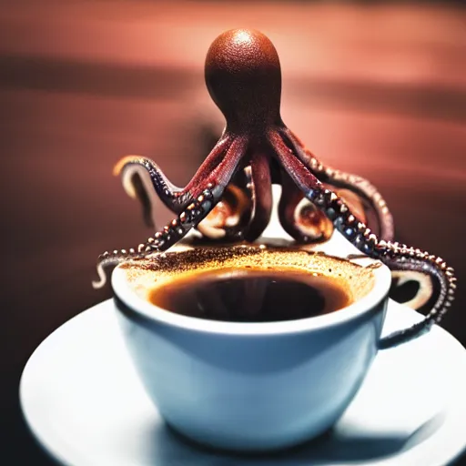 Prompt: an octopus in a cup of coffee, professional photography