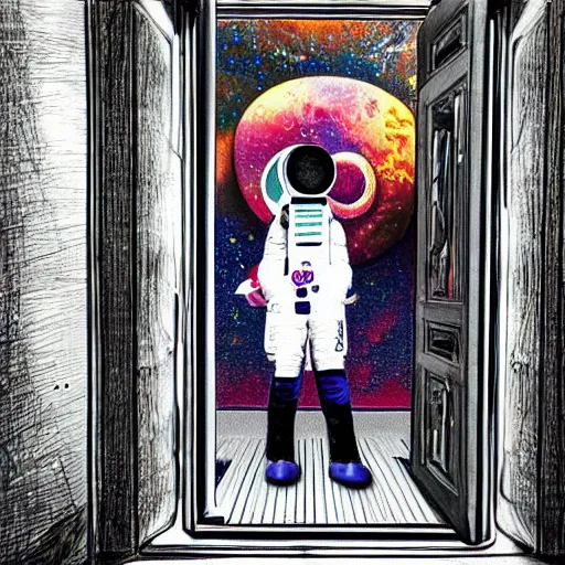 Prompt: 4 k, hyper - realism, distant shot, extra - details, psychedelic astronaut opening door that leads to the universe.