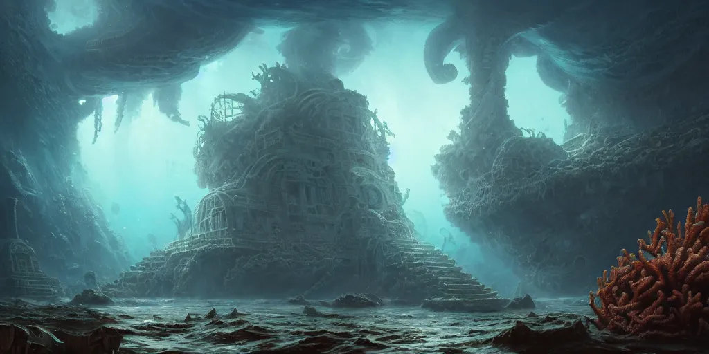 Prompt: a highly detailed artstation concept art 8 k render of lost city deep seabed, james paick, greg rutkowski, sunken ship, whale, coral, jellyfish, cinematic lighting, peter mohrbacher, game asset, unreal engine, illustration, digital painting, sharp focus,, golden ratio, mythological, ultra realistic