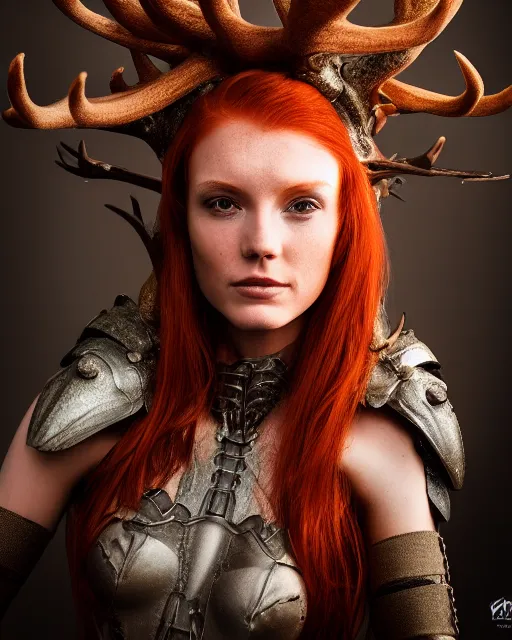 Image similar to 5 5 mm portrait photo of an armored redhead woman with ( antlers on her head ) and a an ( iguana on her shoulder ), by luis royo. highly detailed 8 k. intricate. lifelike. soft light. nikon d 8 5 0. cinematic post - processing