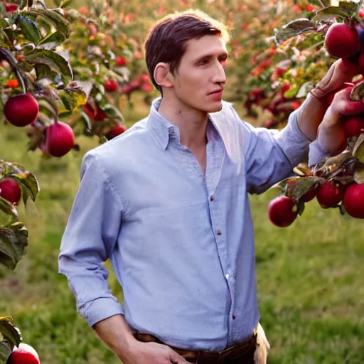 Image similar to portrait of an elf man, standing in an apple orchard, dressed well, very handsome