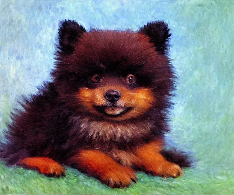 Image similar to brown and black pomeranian, cute, monet, oil painting