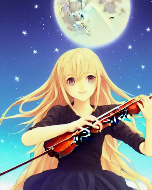 Image similar to teen, cute, full body, a female with white skin and golden long wavy hair holding a violin and playing a song, heavenly, stunning art style, filters applied, lunar time, night sky, trending art, sharp focus, centered, landscape shot, fate zero, simple background, studio ghibly makoto shinkai yuji yamaguchi, by wlop