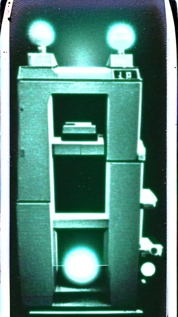 Prompt: a disturbing polaroid photograph, a huge machine built by the CIA to open a portal to the elder dimension pure energy render detailed sharpening