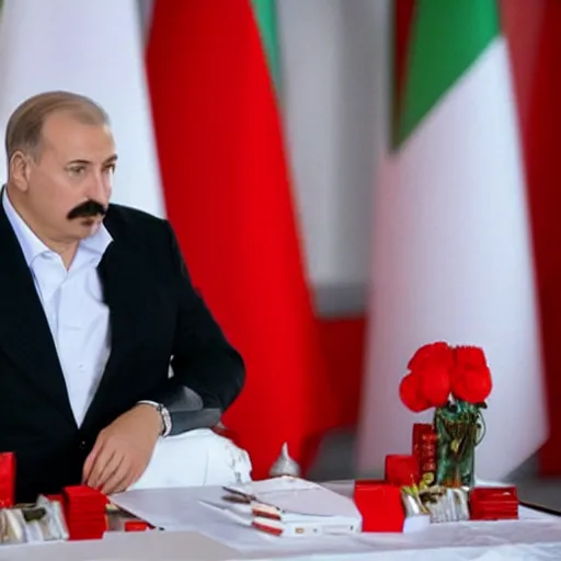 Image similar to Alexander Lukashenko in Scarface, bags of cocaine on the table, belarusian flag in the background, cinematic still