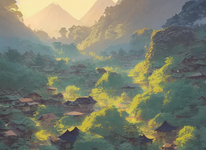 Prompt: concept art painting of a distant small woodland village by a river in a mountain valley seen from above, midnight, european japanese buildings, cel shaded, realistic, by makoto shinkai and moebius and anton fadeev and greg rutkowski and james gurney