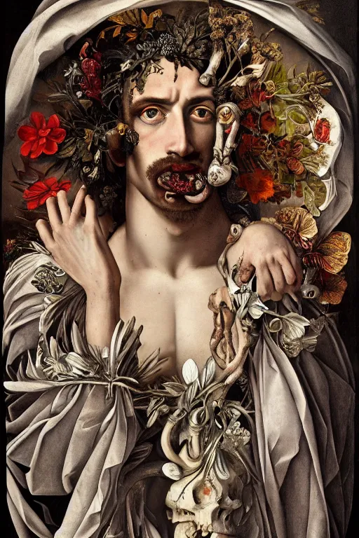 Image similar to Detailed maximalist portrait a Greek god with large lips and with large white eyes, exasperated expression, botany bones, HD mixed media collage, highly detailed and intricate, surreal illustration in the style of Caravaggio, dark art, baroque