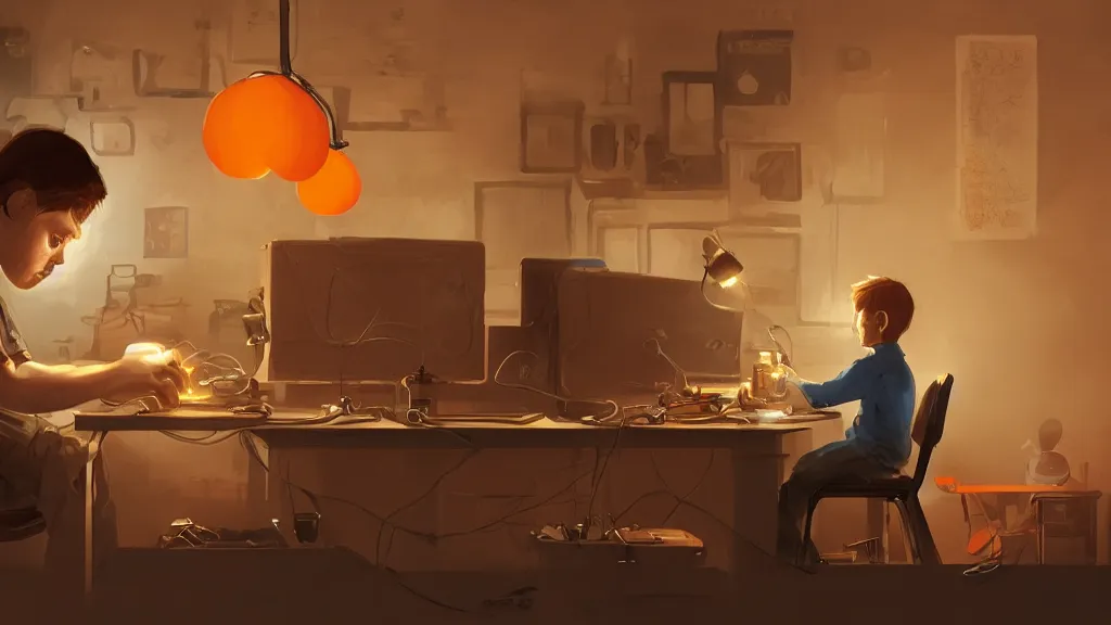 Image similar to a boy with brown hair seated with his back to us and is soldering on a desk with electronic parts with an orange tabby cat on the desk watching him, coherent, cinematic lighting, highly detailed, digital painting, artstation, concept art, sharp focus, illustration