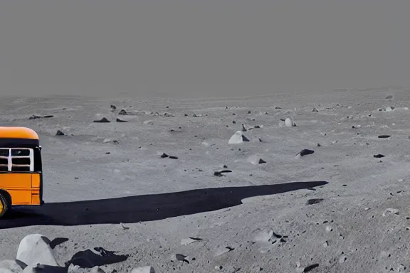 Prompt: a wide angle photo of a bus on the moon