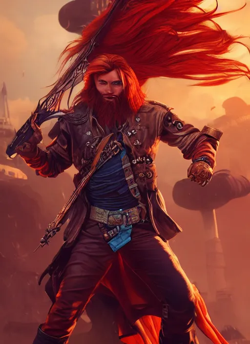 Prompt: An epic fantasy comic book style portrait painting of a long haired, red headed male sky-pirate wielding a pistol in front of an airship, unreal 5, DAZ, hyperrealistic, octane render, cosplay, RPG portrait, dynamic lighting