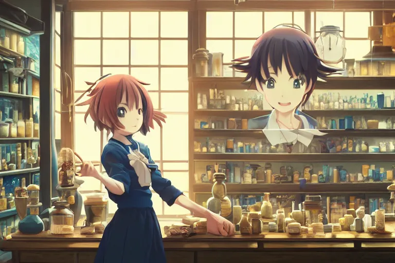 Image similar to anime visual, portrait of a young female traveler in a alchemist's shop interior, cute face by yoh yoshinari, katsura masakazu, studio lighting, dynamic pose, dynamic perspective, strong silhouette, anime cels, ilya kuvshinov, cel shaded, crisp and sharp, rounded eyes, moody, ( ( blue tones ) )