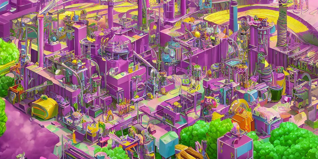 Prompt: Wonka's Factory, detailed digital art, trending on Artstation