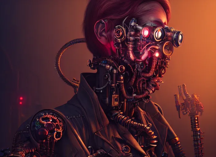 Image similar to an intricately detailed ultra - realistic unreal engine 5 rendering of a portrait of steampunk cyberpunk neon - bordered cyborg zombie dracula, concept art, intricate details, eerie, highly detailed, photorealistic, octane render, 8 k uhd art by kilian eng