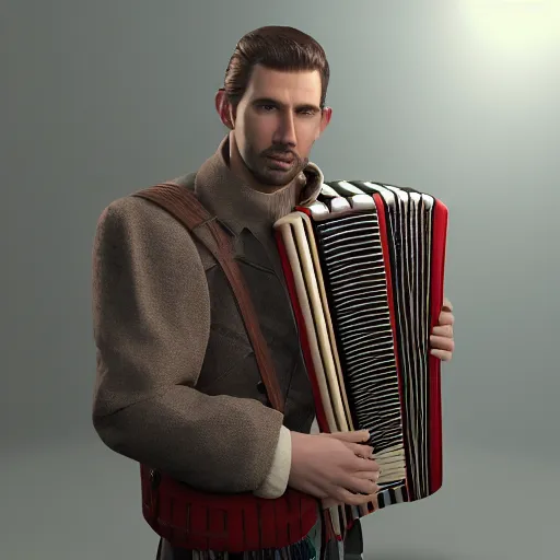 Image similar to Unreal Engine render of a man with a long accordion-neck, character design