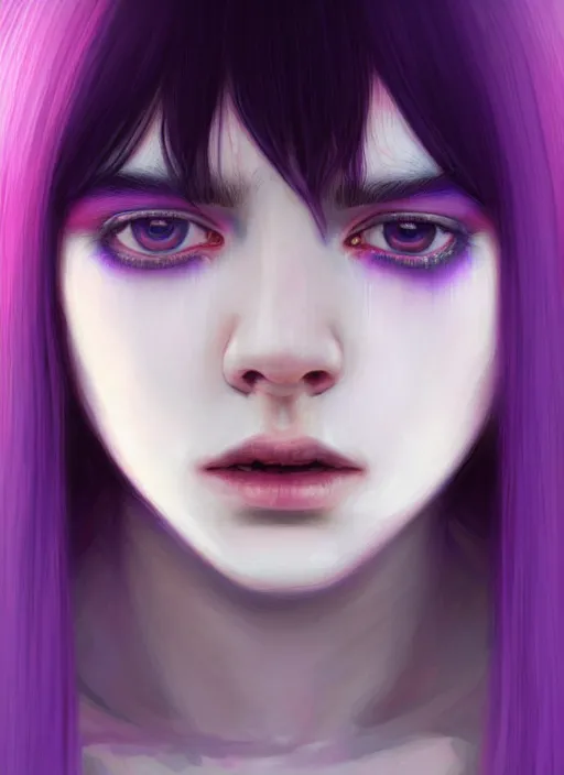 Image similar to hair whitebangs hair, black hair, whitebangs, portrait of teenage girl with white bangs, red irises, purple clothes, white bangs, bangs are different color from hair, intricate, elegant, glowing lights, highly detailed, digital painting, artstation, concept art, smooth, sharp focus, illustration, art by wlop, mars ravelo and greg rutkowski