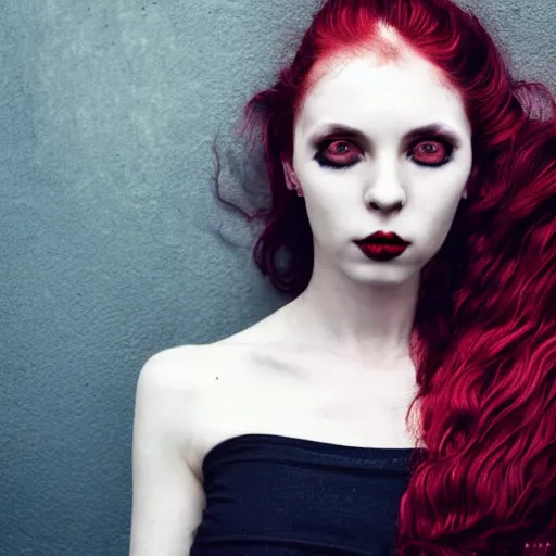 Image similar to beautiful necromancer girl with red wavy hair and piecing eyes, soft flawless pale skin, wearing a black crop top photography dramatic dark lighting, hyperrealistic