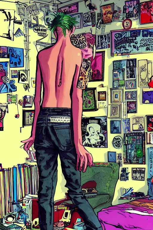 Image similar to a skinny goth guy standing in a cluttered 9 0 s bedroom by jamie hewlett, back view, jamie hewlett art, full body character concept art, vaporwave colors,