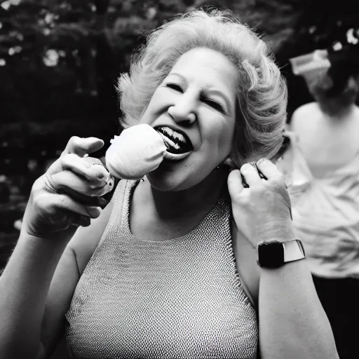 Image similar to bette midler eating ice cream, central park, trending on artstation, 8 k