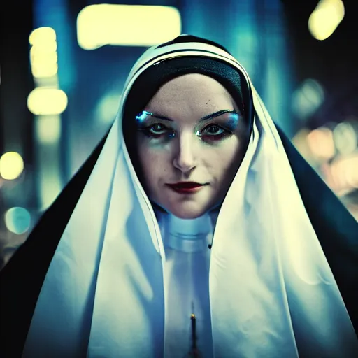 Prompt: portrait of a pretty intriguing cyberpunk nun girl looking intensely at camera. neon lights, Bokeh, Graflex