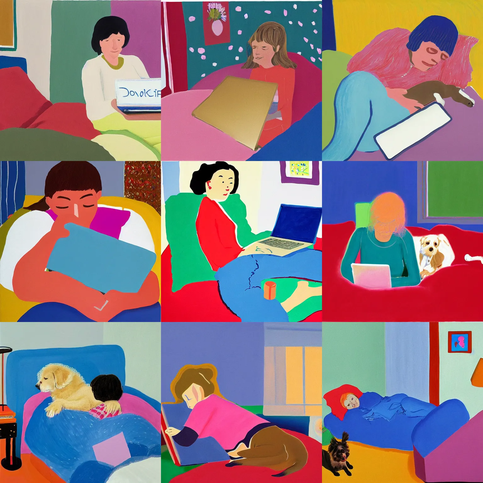 Prompt: cosy girl surrounded y dogs working in bed with her laptop painting by david hockney